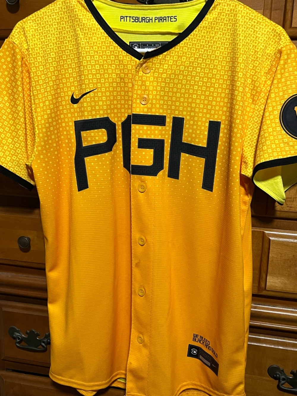 Nike Black and Gold 'We Bleed Black and Gold' Baseball Jersey Detail